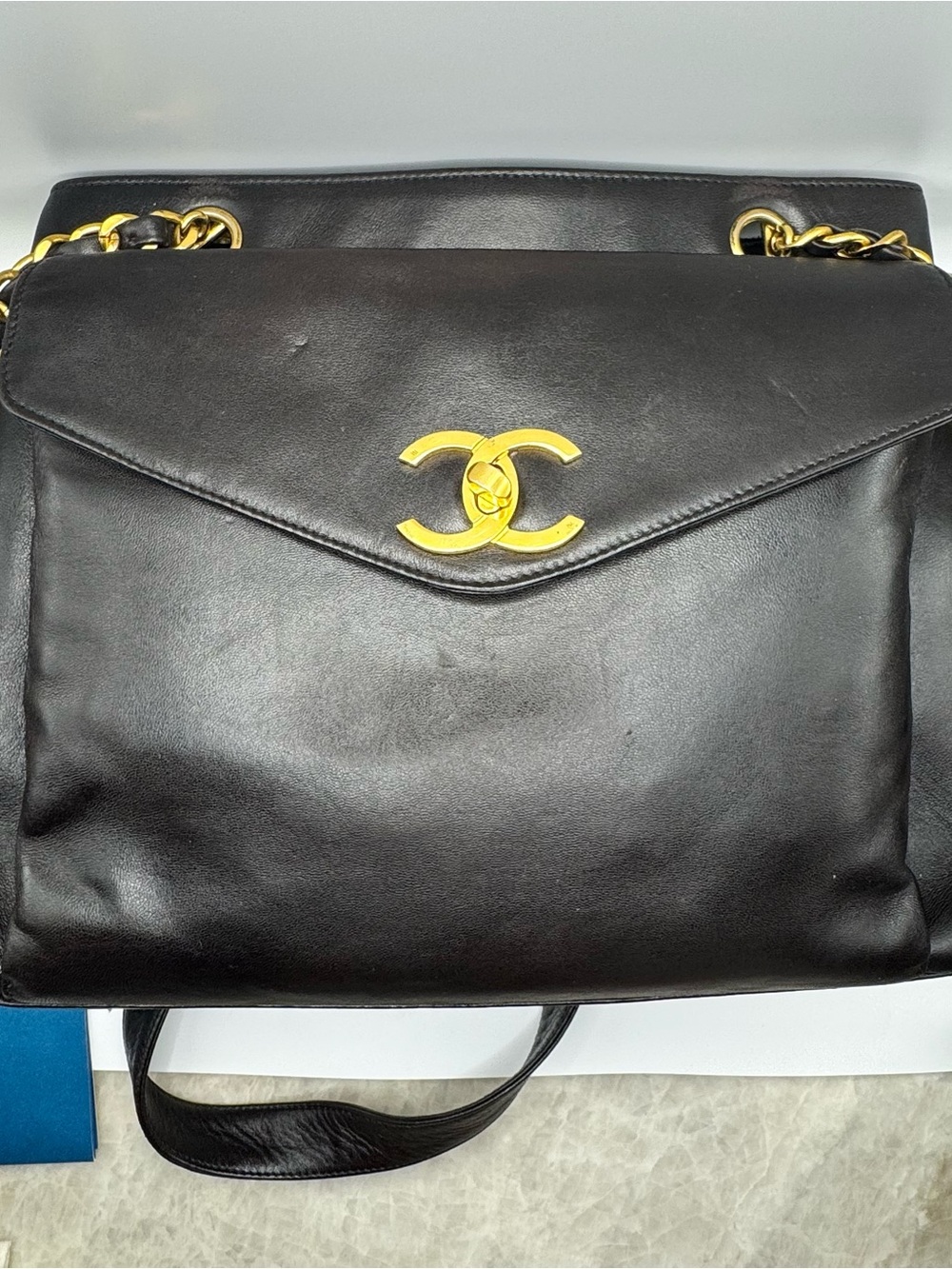 CHANEL Vintage Black Leather Shoulder Bag with Gold CC Hardware